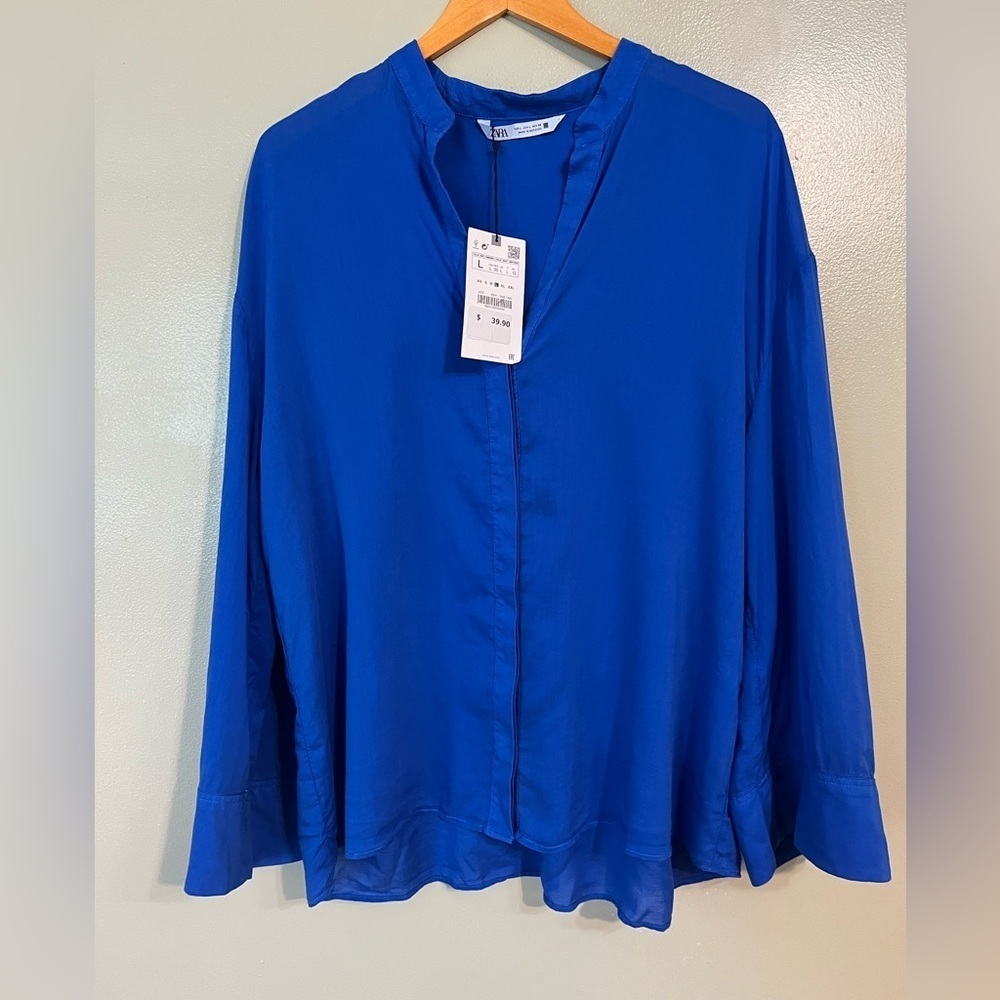 Zara Womens Blue  Button Up Relaxed Bell Sleeve Lightweight Soft Blouse L NWT